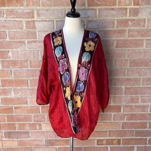 Hand painted Silk Open‎ Front Cardigan Art To Wear Red Floral No Size Boho